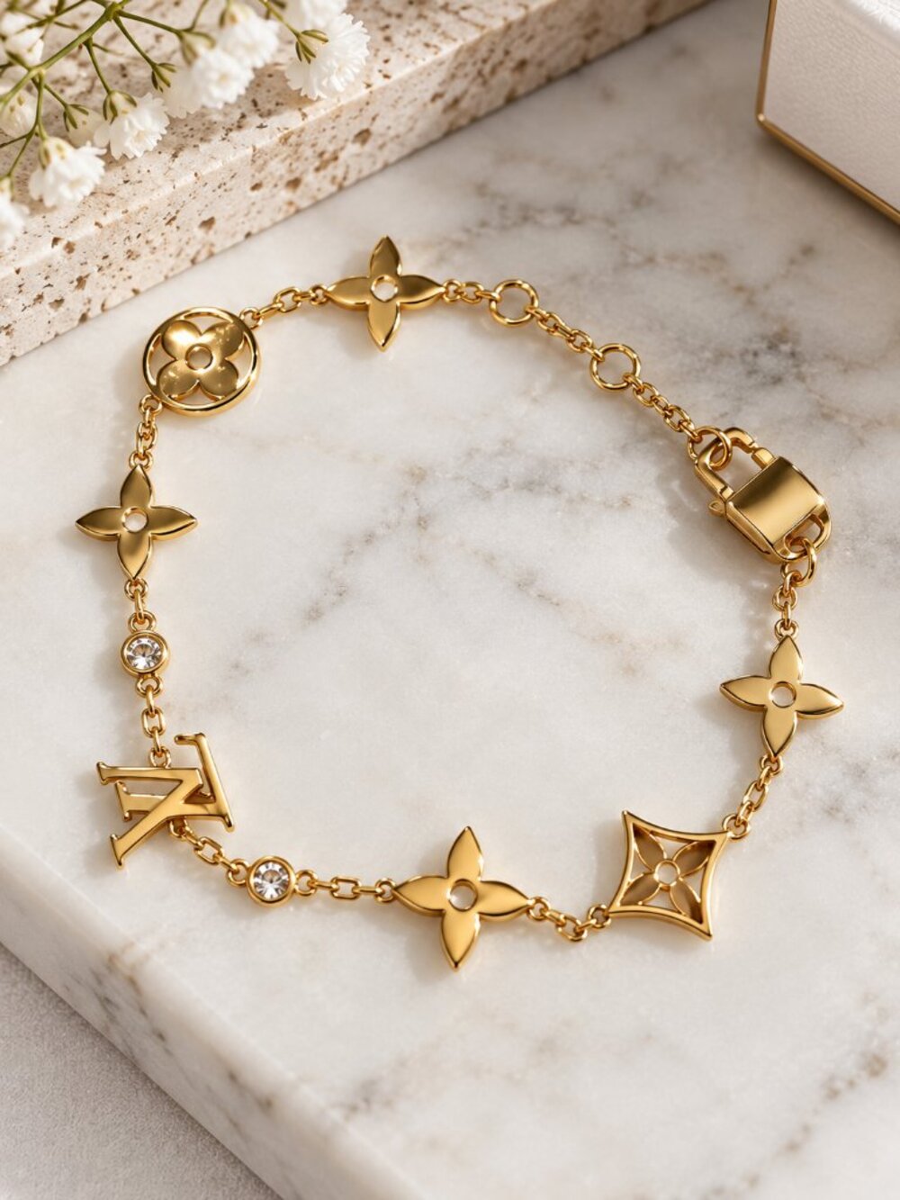 Gold Tone Monogram Charm Chain Bracelet with Crystal Accents